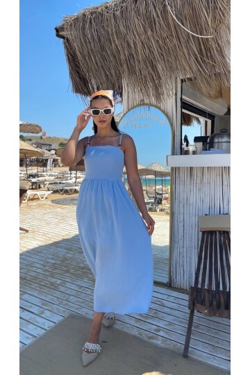 3796-MAVİ ASKILI KARE YAKA KETEN ELBİSE