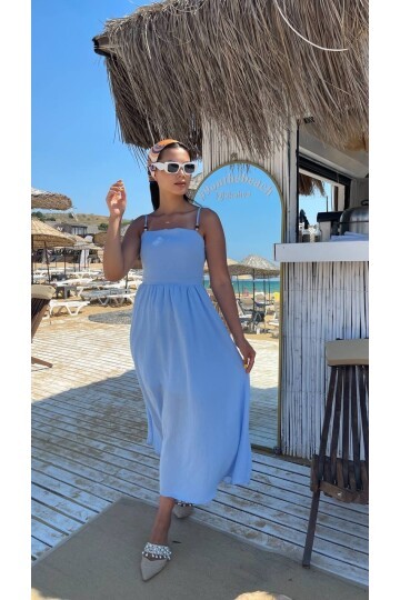 3796-MAVİ ASKILI KARE YAKA KETEN ELBİSE