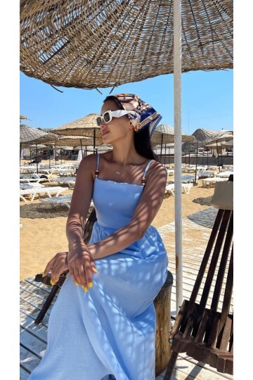 3796-MAVİ ASKILI KARE YAKA KETEN ELBİSE