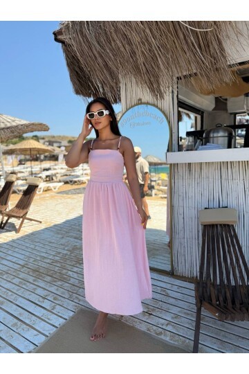 3796-PEMBE ASKILI KARE YAKA KETEN ELBİSE