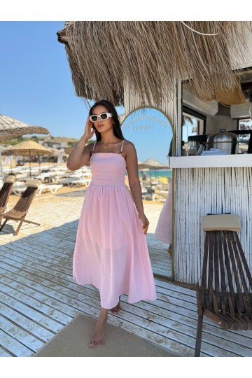 3796-PEMBE ASKILI KARE YAKA KETEN ELBİSE