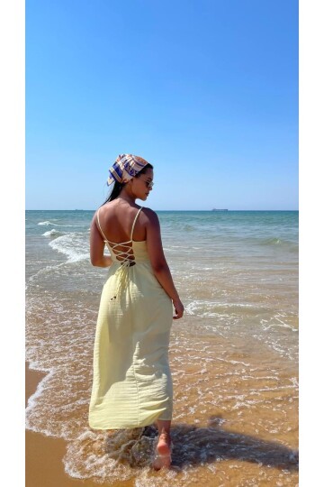 3796-SARI ASKILI KARE YAKA KETEN ELBİSE