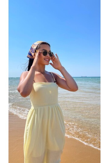 3796-SARI ASKILI KARE YAKA KETEN ELBİSE