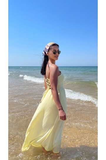 3796-SARI ASKILI KARE YAKA KETEN ELBİSE