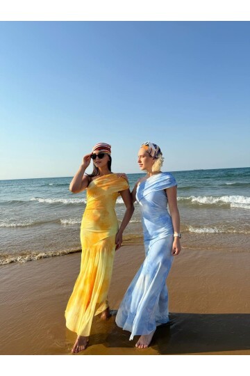 3801- MAVİ TEK OMUZ DRAPELİ TÜL ELBİSE