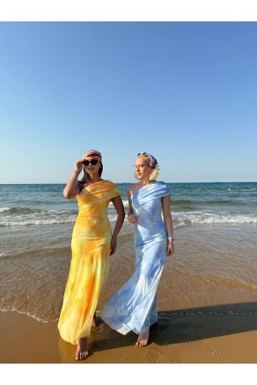 3801- MAVİ TEK OMUZ DRAPELİ TÜL ELBİSE