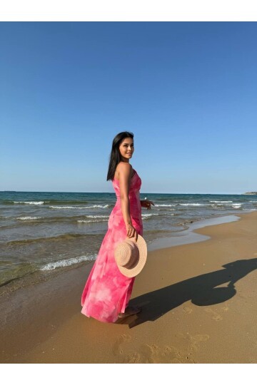 3801-PEMBE TEK OMUZ DRAPELİ TÜL ELBİSE