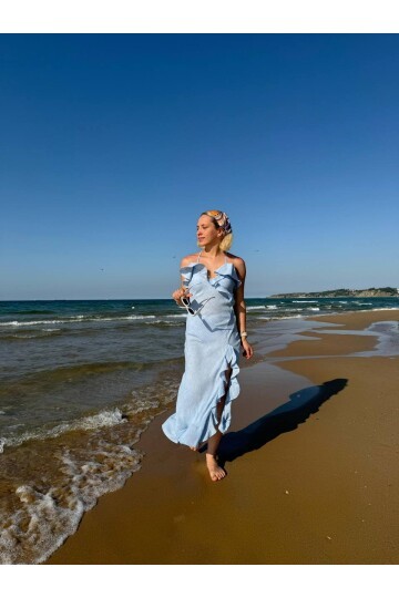 3802-MAVİ YIRTMAÇ FIRFIR DETAY ELBİSE