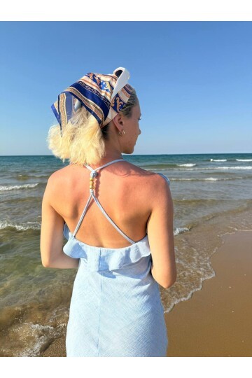 3802-MAVİ YIRTMAÇ FIRFIR DETAY ELBİSE