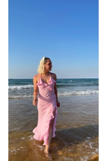 3802-PEMBE YIRTMAÇ FIRFIR DETAY ELBİSE