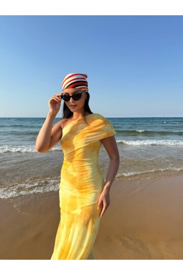 3801-SARI TEK OMUZ DRAPELİ TÜL ELBİSE