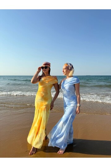 3801-SARI TEK OMUZ DRAPELİ TÜL ELBİSE