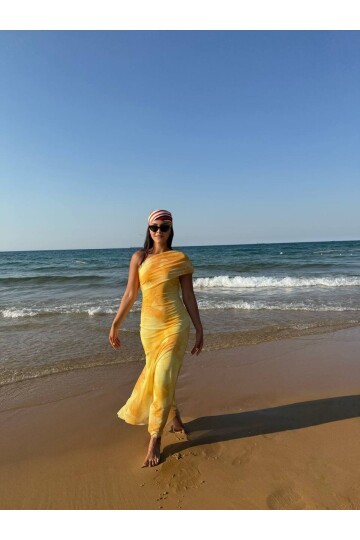 3801-SARI TEK OMUZ DRAPELİ TÜL ELBİSE