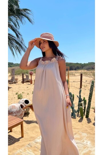 3807-BEJ HALTER YAKA KRİNKIL KUMAŞ ELBİSE