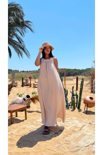 3807-BEJ HALTER YAKA KRİNKIL KUMAŞ ELBİSE