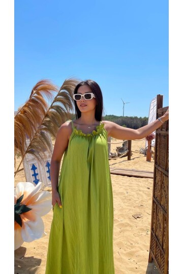 3807-OLİV HALTER YAKA KRİNKIL KUMAŞ ELBİSE