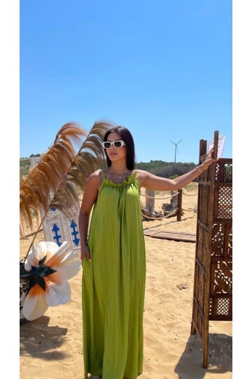 3807-OLİV HALTER YAKA KRİNKIL KUMAŞ ELBİSE