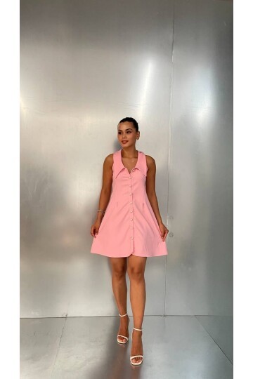 3808-PEMBE BEBE YAKA TOP DÜĞMELİ ELBİSE