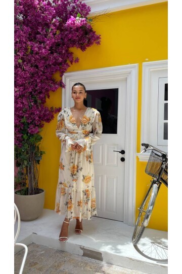 3814 ÇİÇEKLİ DERİN V YAKA ELBİSE