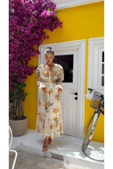 3814 ÇİÇEKLİ DERİN V YAKA ELBİSE