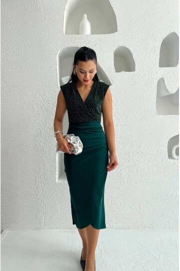 3821-ZÜMRÜT İNCİ DETAY KRUVAZE ELBİSE