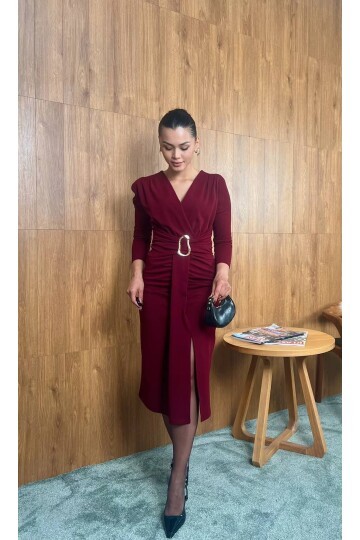 3829-BORDO  OLİPS KEMER DETAYLI ELBİSE