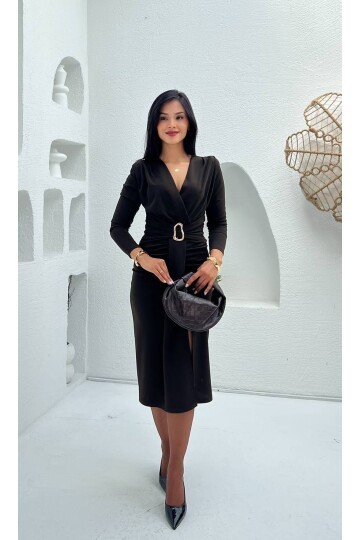 3829- KAHVERENGİ OLİPS KEMER DETAYLI ELBİSE