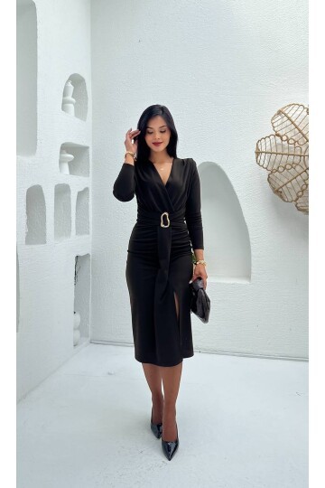 3829- KAHVERENGİ OLİPS KEMER DETAYLI ELBİSE