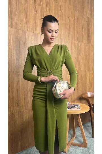 3829- OLİV OLİPS KEMER DETAYLI ELBİSE