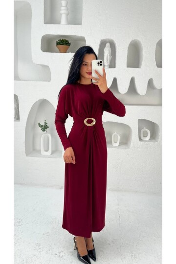 3831-BORDO ELİPS TOKALI ÖNDEN DÜĞÜMLÜ SANDY ELBİSE