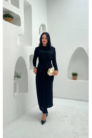 3833-SİYAH ÖNÜ DRAPELİ SANDY KUMAŞ ELBİSE