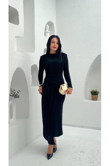 3833-SİYAH ÖNÜ DRAPELİ SANDY KUMAŞ ELBİSE