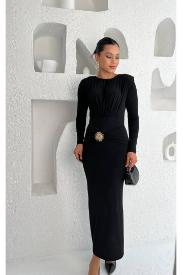 3839-SİYAH DENİZ KABUĞU TOKALI SANDY KUMAŞ ELBİSE