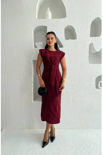 3842-BORDO  SÜET KUMAŞ KENDİNDEN KUŞAKLI ELBİSE
