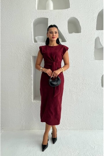 3842-BORDO  SÜET KUMAŞ KENDİNDEN KUŞAKLI ELBİSE