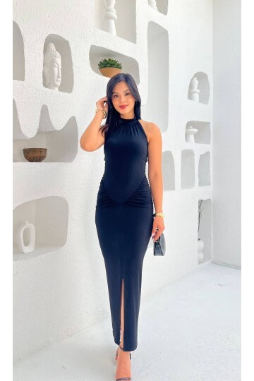 3844-SİYAH YANLARI BÜZGÜLÜ BALIK ETEK ELBİSE