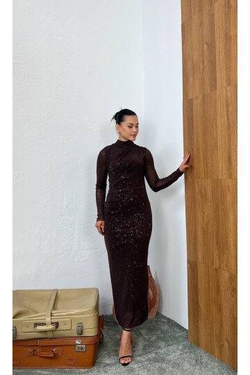 3854-KAHVERENGİ SİMLİ TÜL ELBİSE