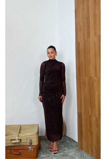 3854-KAHVERENGİ SİMLİ TÜL ELBİSE