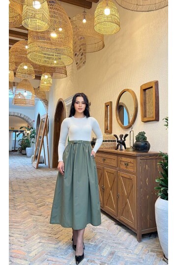 3857-BEJE HAKİ KAŞKORSE ALT POPLİN KEMERLİ ELBİSE