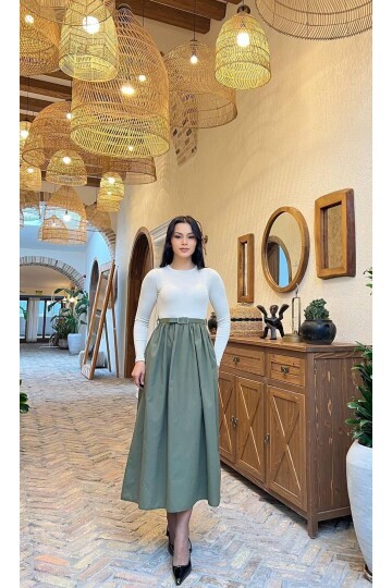 3857-BEJE HAKİ KAŞKORSE ALT POPLİN KEMERLİ ELBİSE