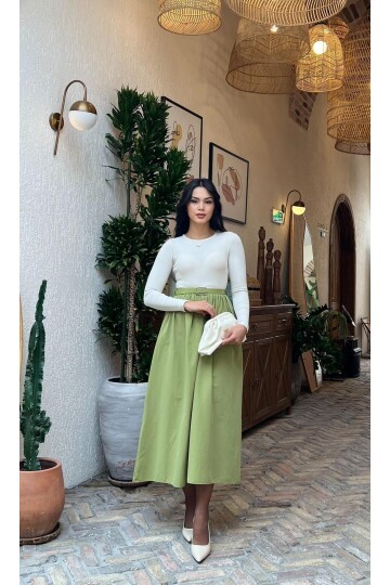 3857-BEJE OLİV   ÜST KAŞKORSE ALT POPLİN KEMERLİ ELBİSE