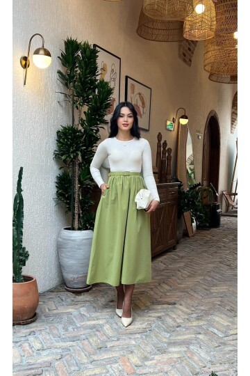 3857-BEJE OLİV   ÜST KAŞKORSE ALT POPLİN KEMERLİ ELBİSE