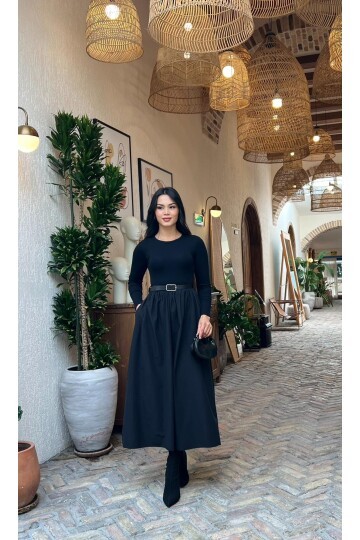3857-SİYAHA SİYAH  ÜST KAŞKORSE ALT POPLİN KEMERLİ ELBİSE