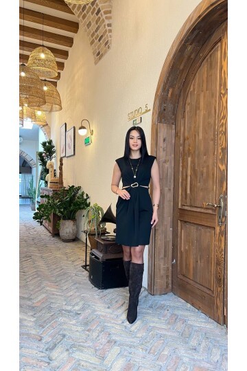 3859-SİYAH BEL PENCERE DEKOLTELİ KISA ELBİSE