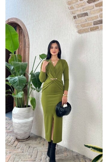 3862-OLİV ÖNÜ DÜĞÜMLÜ TOKALI ELBİSE
