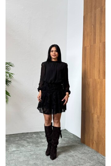 3863-SİYAH ÜSTÜ ŞİFON ALTI FLOK MİNİ ELBİSE