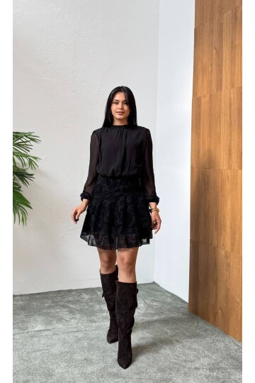 3863-SİYAH ÜSTÜ ŞİFON ALTI FLOK MİNİ ELBİSE