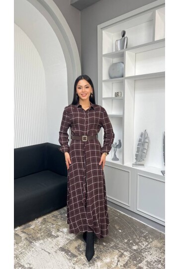 3868-KAHVERENGİ EKOSE DESEN FIRFIRLI GÖMLEK ELBİSE