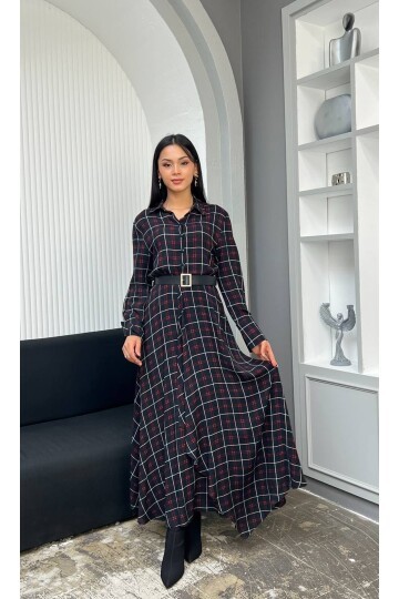 3868-SİYAH EKOSE DESEN FIRFIRLI GÖMLEK ELBİSE