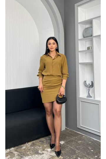 3869-HARDAL GÖMLEK YAKA DÜĞMELİ ETEĞİ DRAPELİ ELBİSE